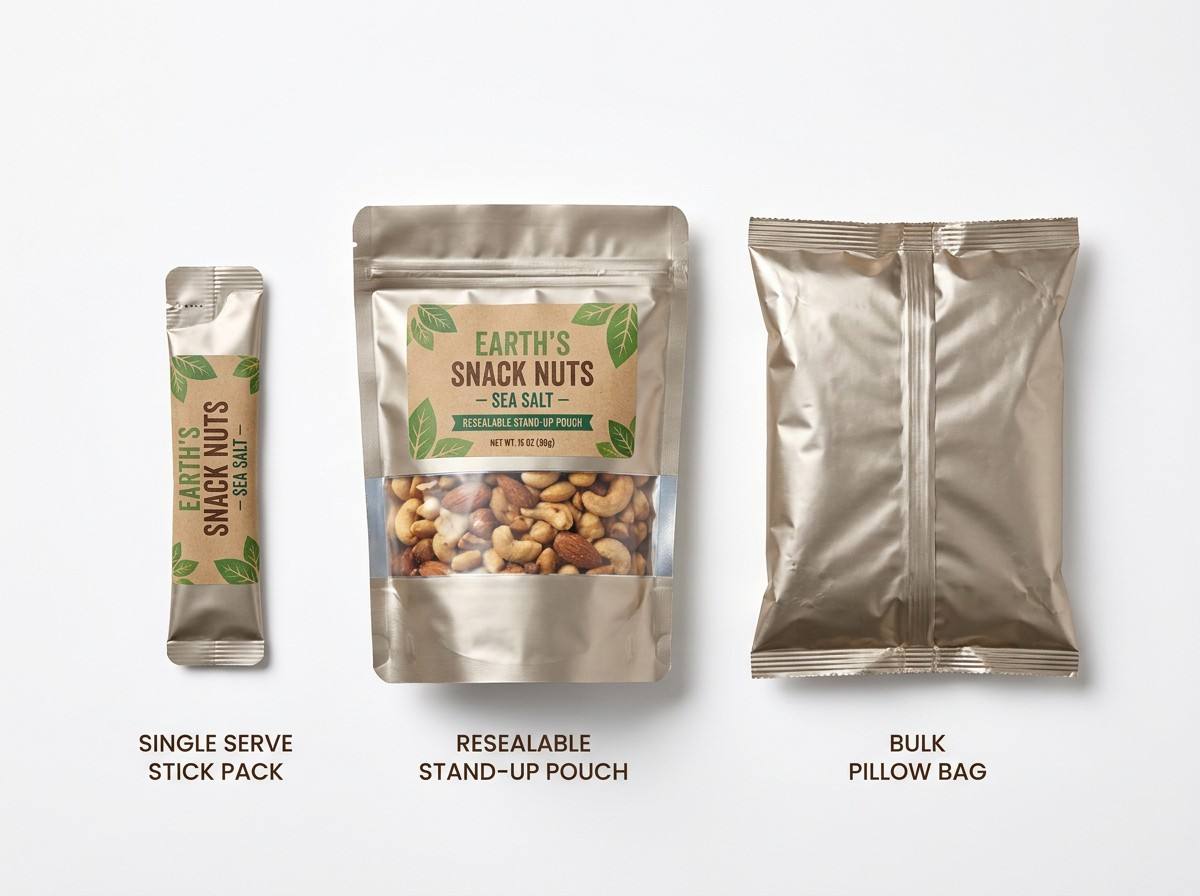 Comparison of Nut Bag Formats Stick Pack Pouch and Pillow Bag