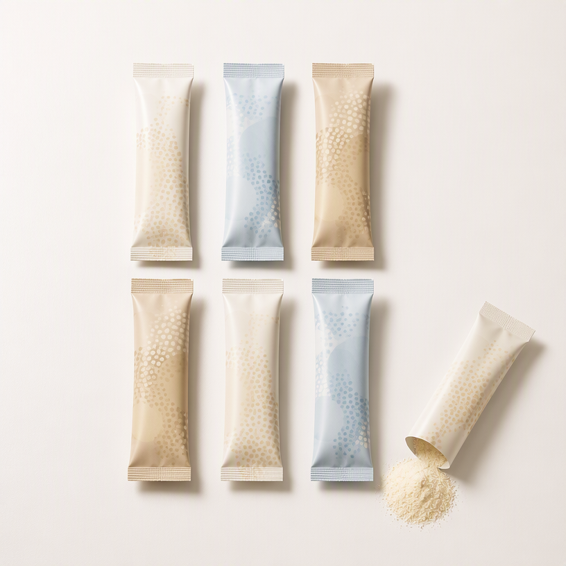 Unbranded collagen powder stick-pack application illustration