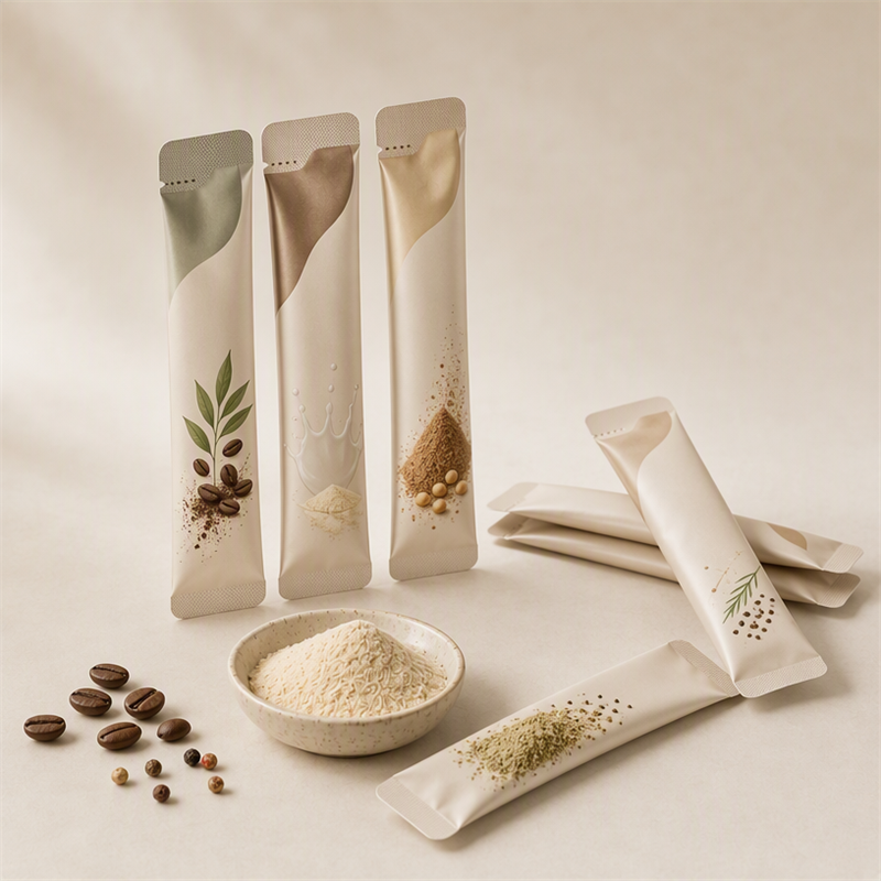Concept powder sachet and stick pack samples for multi-lane packaging