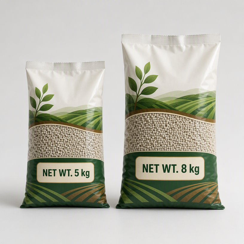 Unbranded 5 kg and 8 kg granular fertilizer bag application illustration