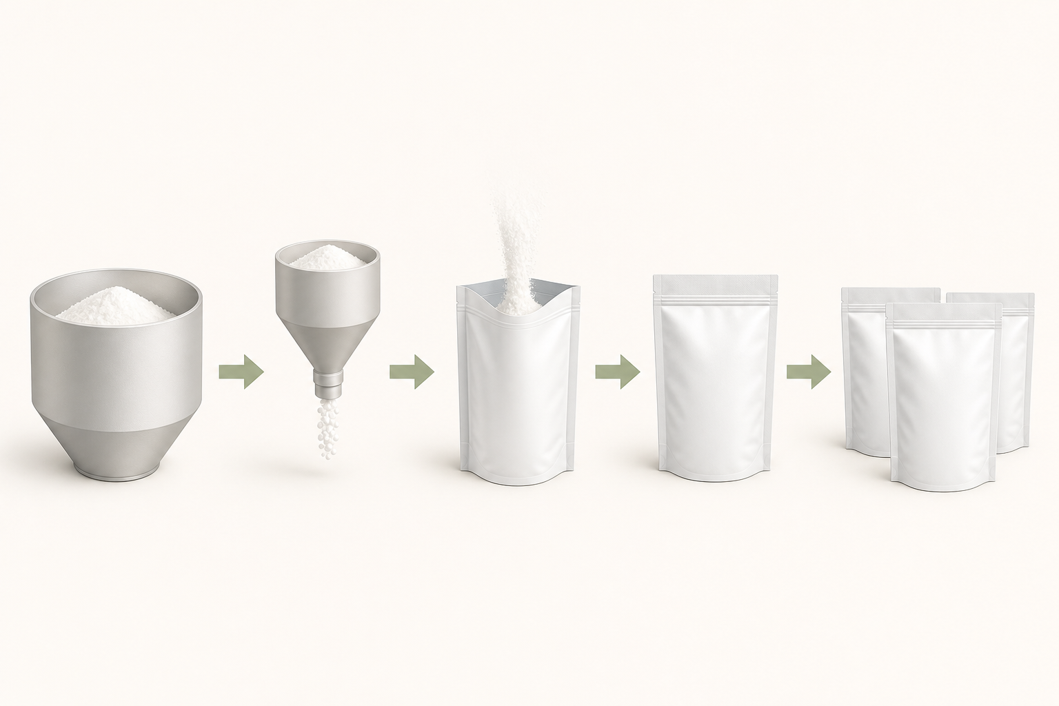 Generic tapioca starch packaging process concept (AI-generated, non-machine visual)