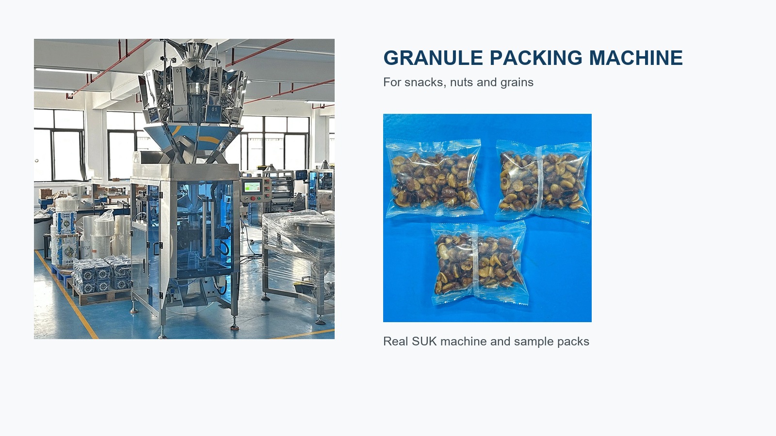 Granule packing machine for snacks, nuts and grains
