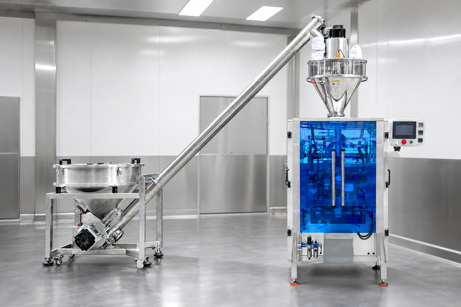 Vertical powder packaging machine in a food factory