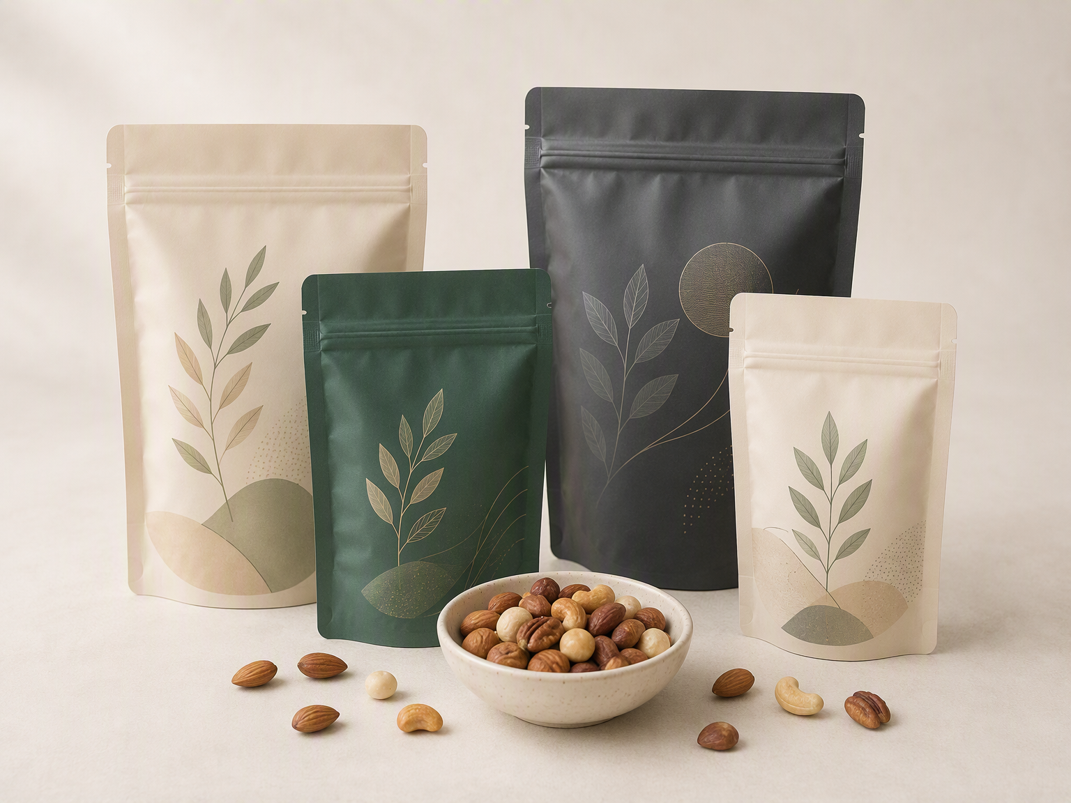 Concept snack packaging samples showing premade stand-up and zipper pouches