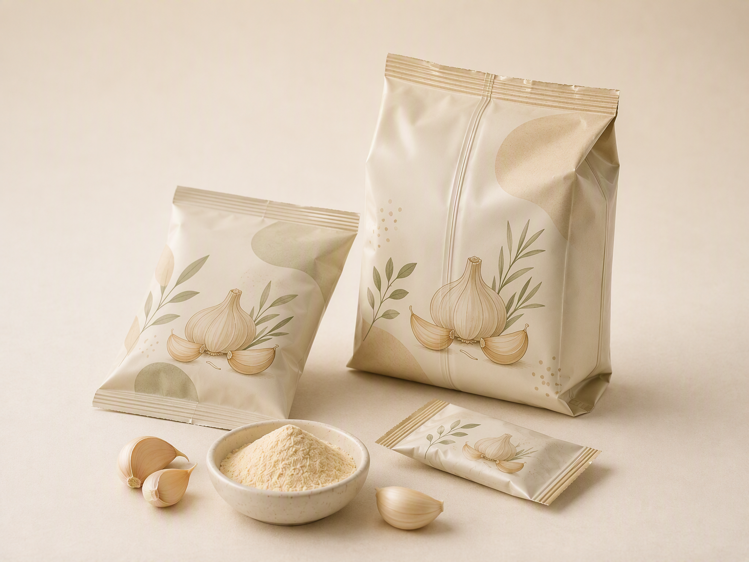Concept garlic powder packaging samples showing VFFS pillow and gusset bag formats