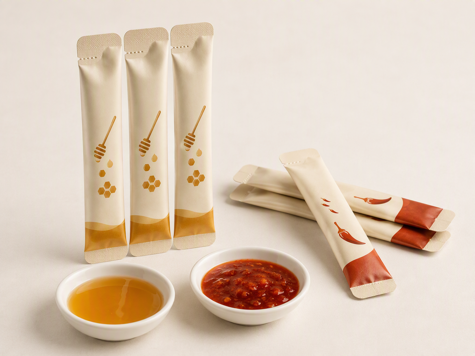 Concept packaging samples showing honey and chili sauce stick packs and sachets