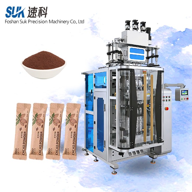 Multi-lane sachet and strip-pack configuration reference: SUK machine with CACAO POWDER sachets shown as a category illustration of the sachet / strip-pack format.