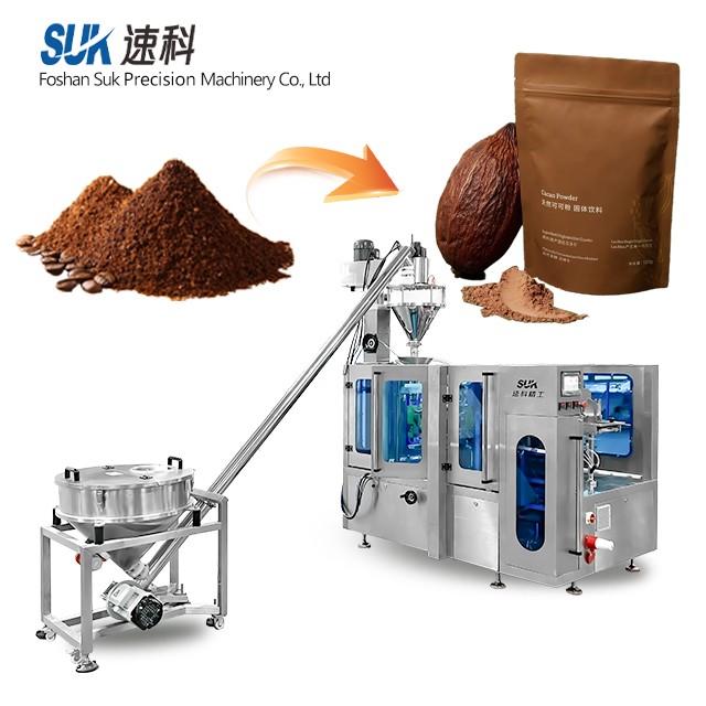Premade pouch configuration reference: SUK premade-pouch machine with a cacao powder pouch shown as a category illustration of the premade pouch format.