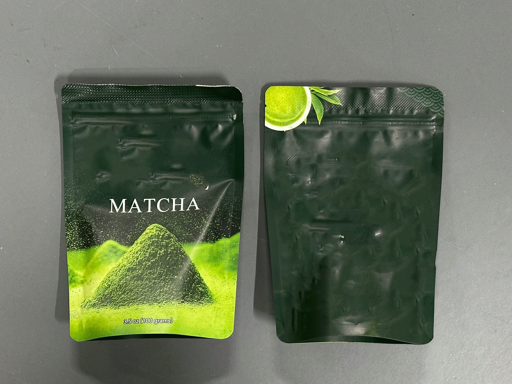 Finished sealed pouches of matcha powder after filling and sealing