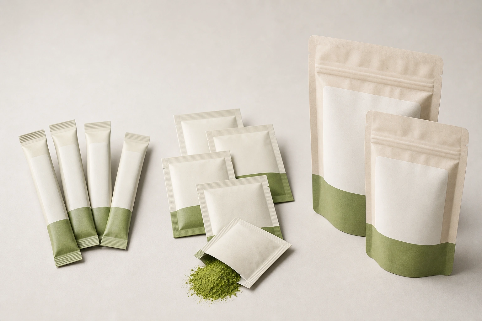 Matcha powder packed in stick packs, flat sachets and stand-up pouches