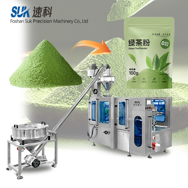 Front view of a stainless steel matcha powder packaging machine