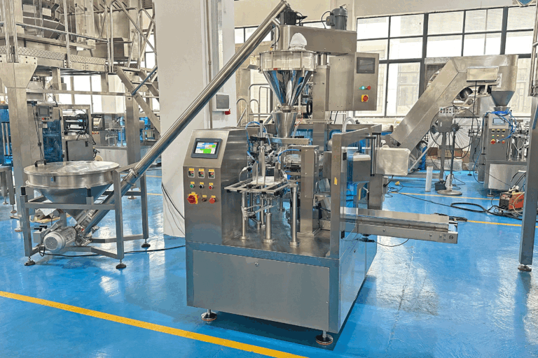 Milk powder packaging machine running in a food factory