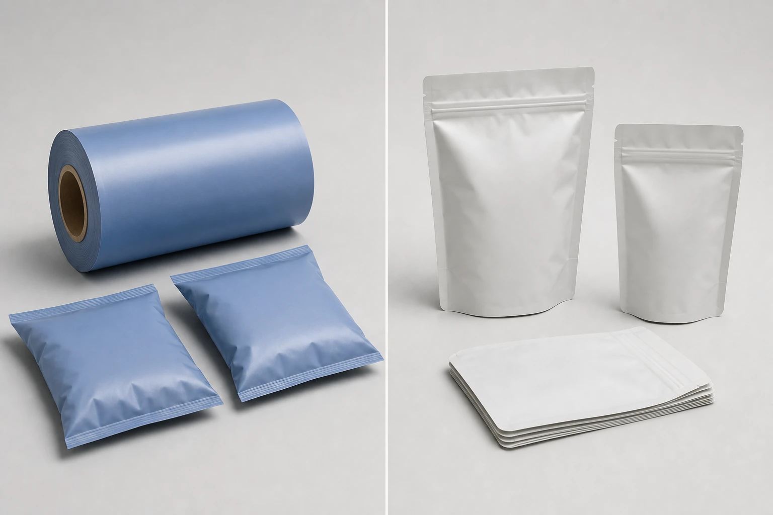 AI-generated illustrative comparison of generic roll-film bags and premade pouches; not a machine image or customer packaging.