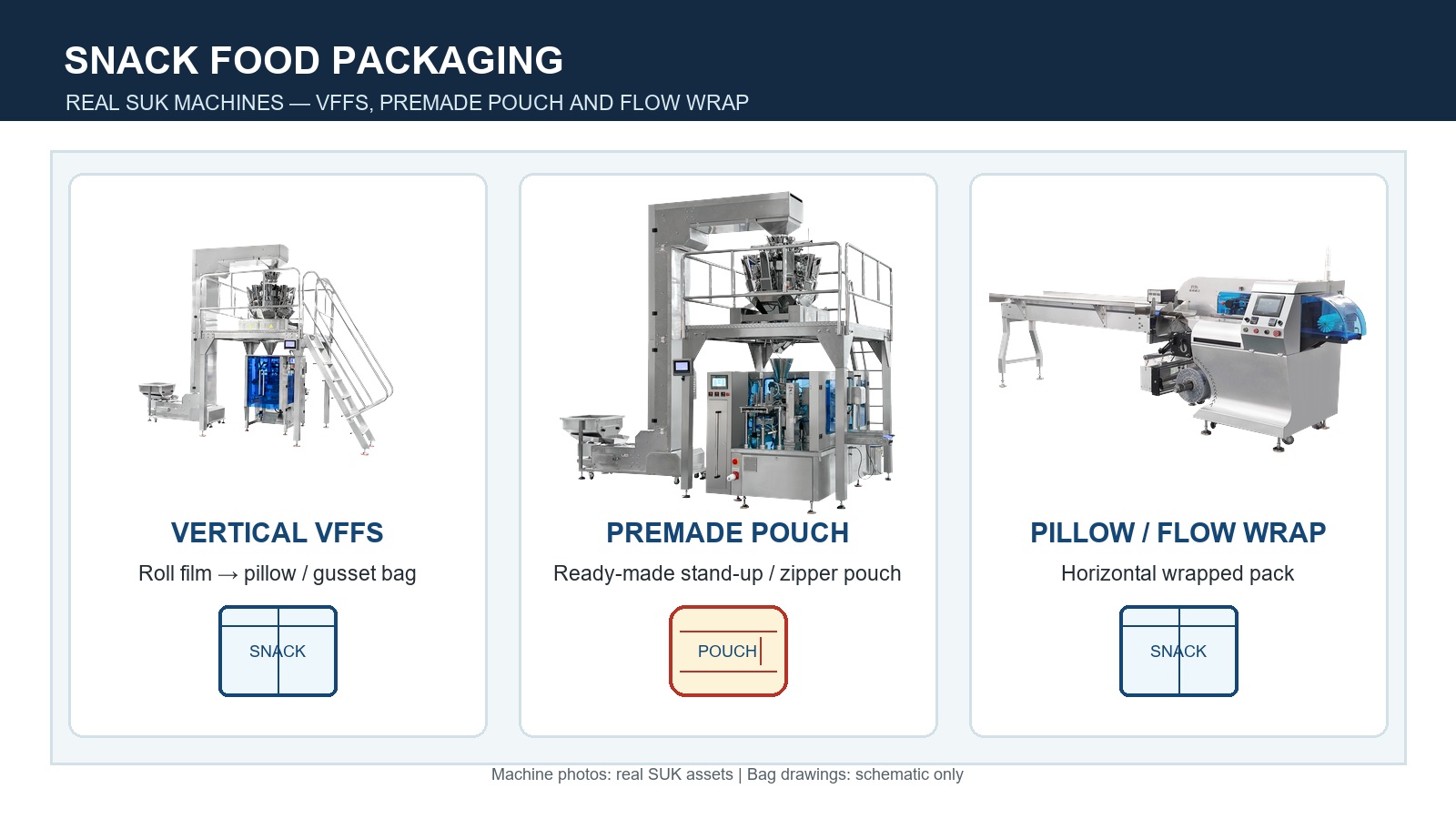 Real SUK snack packaging machines for vertical VFFS, premade pouch and pillow flow wrap