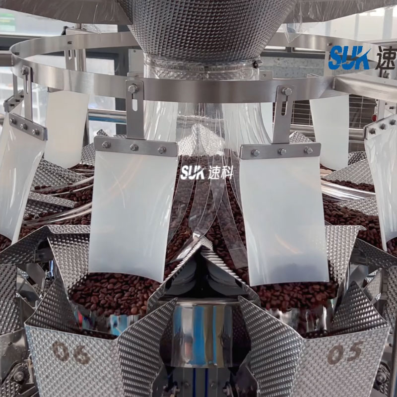 Filled coffee bean and ground coffee premade pouches produced on a SUK coffee packaging machine