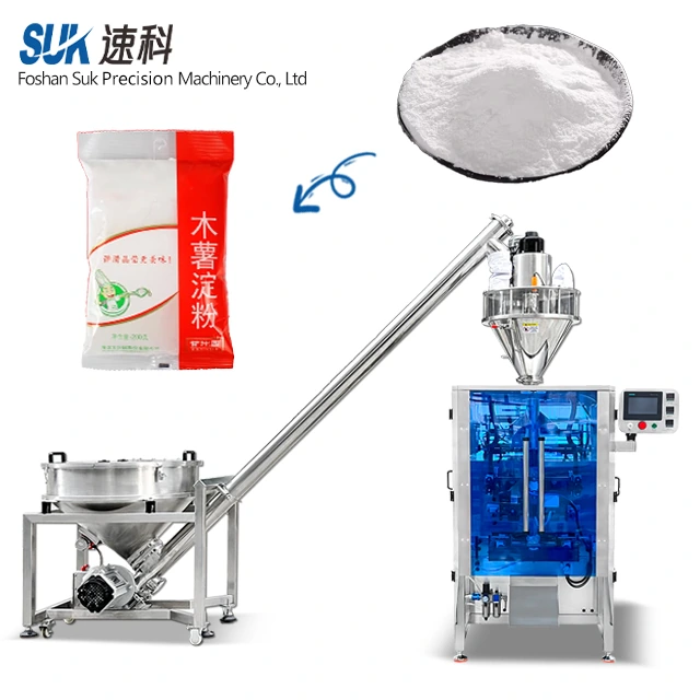 Front view of a SUK tapioca starch powder packaging machine with a demo starch bag; illustrative of machine configuration, not a customer project