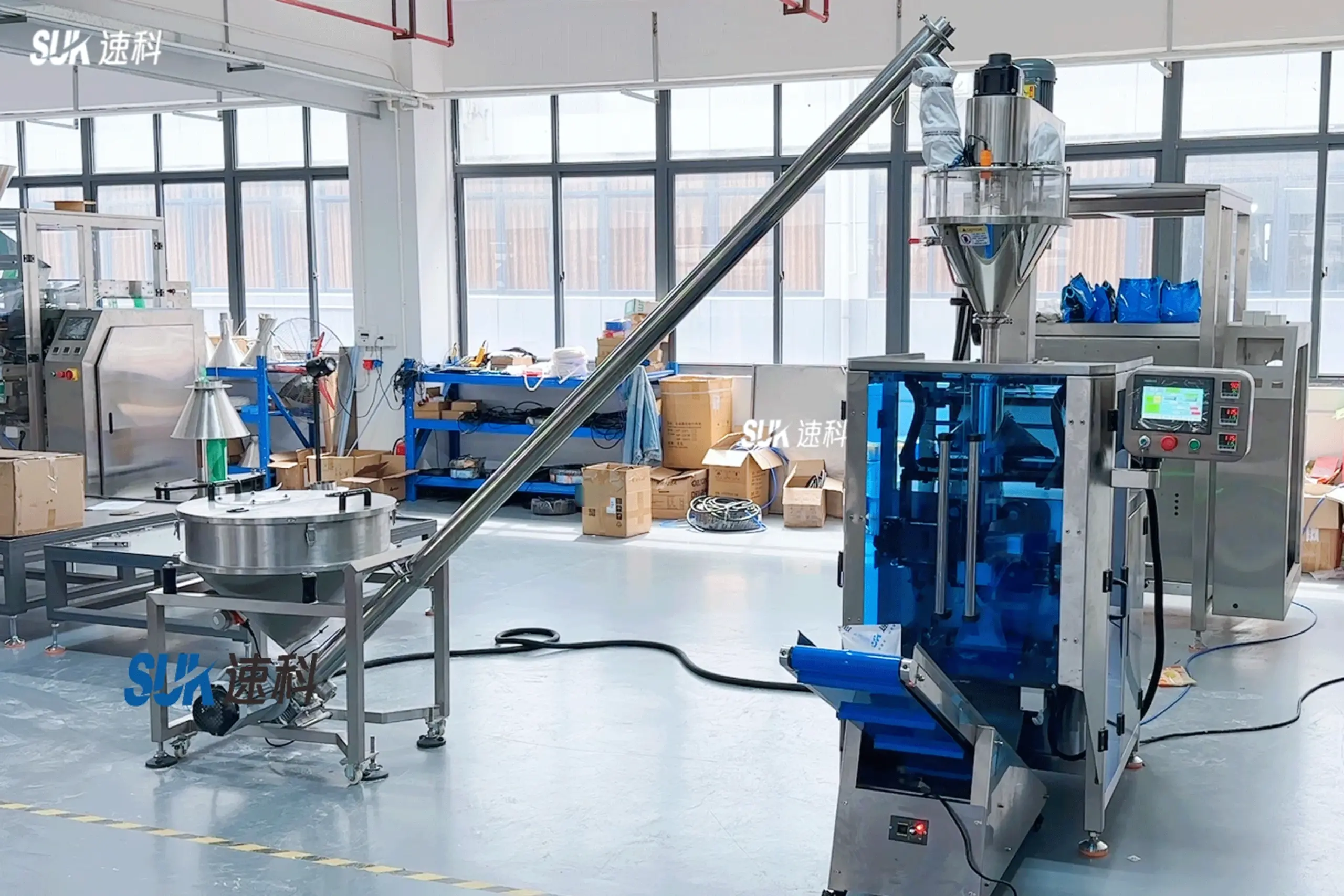 Real horizontal tapioca starch powder packaging equipment photo; illustrative of machine configuration, not a customer project