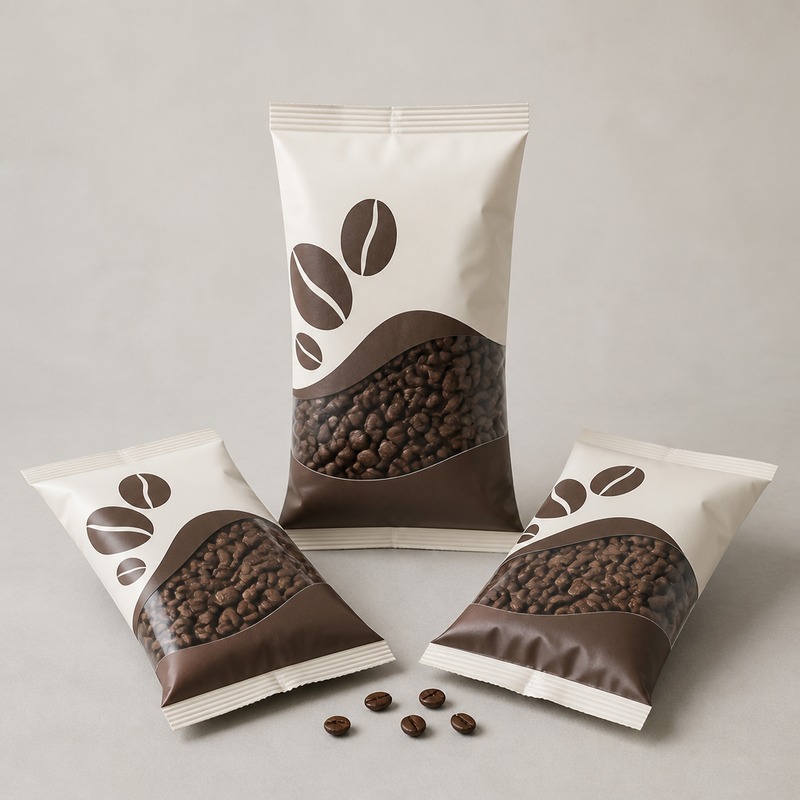 Illustrative VFFS pillow bags for whole coffee beans
